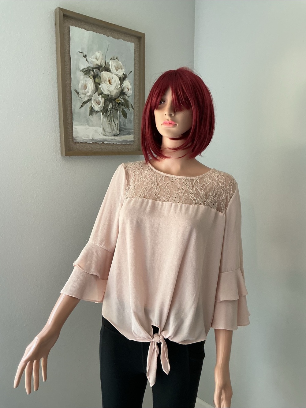 My Michelle Blush Lace Yoke Tie-Front Blouse